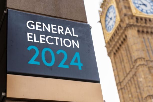 general election sign in front of the Palace of Westminster
