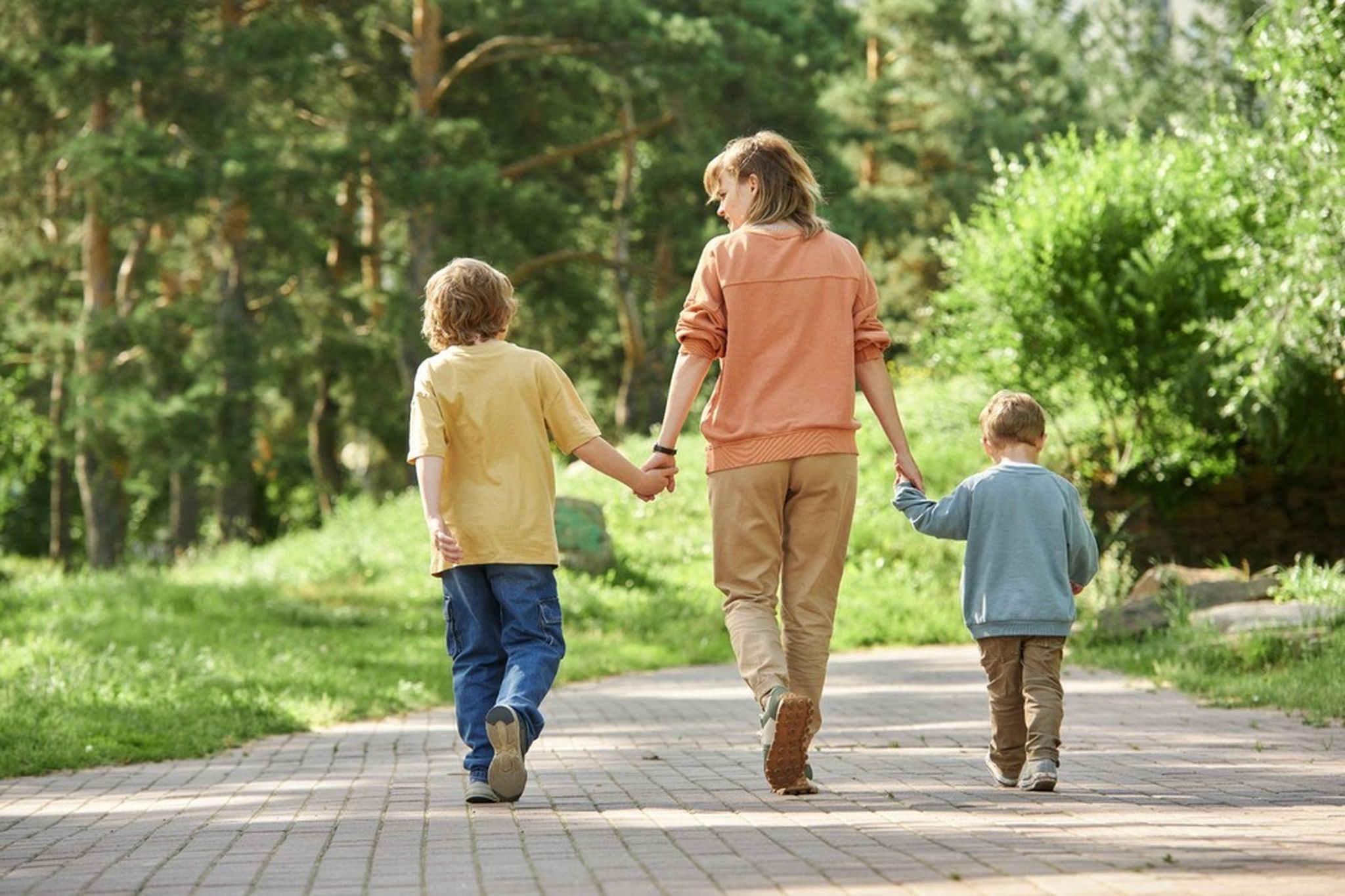 Back view of mother holding hands with two boys as they walk on a trail.