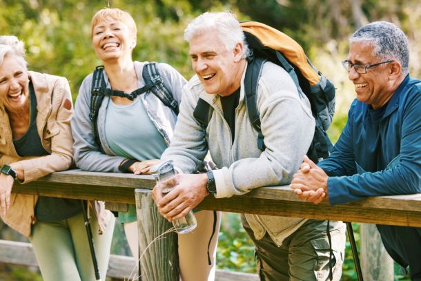 A group of friends relaxing after a hike.